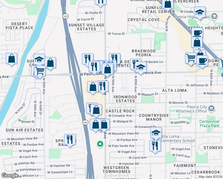 map of restaurants, bars, coffee shops, grocery stores, and more near 10398 North 90th Avenue in Peoria