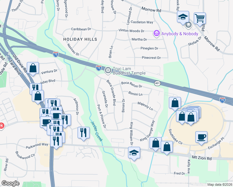 map of restaurants, bars, coffee shops, grocery stores, and more near 6442 Boca Grande Boulevard in Forest Park