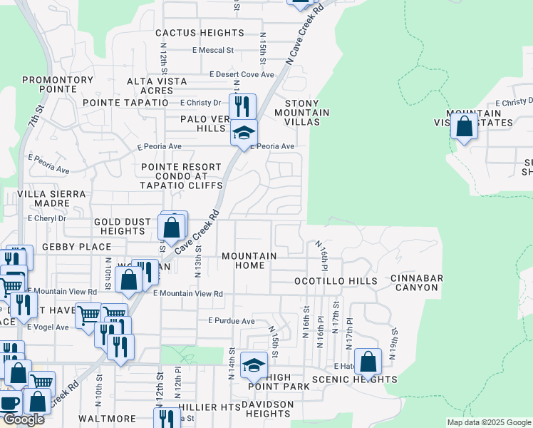 map of restaurants, bars, coffee shops, grocery stores, and more near Holiday Circle in Phoenix