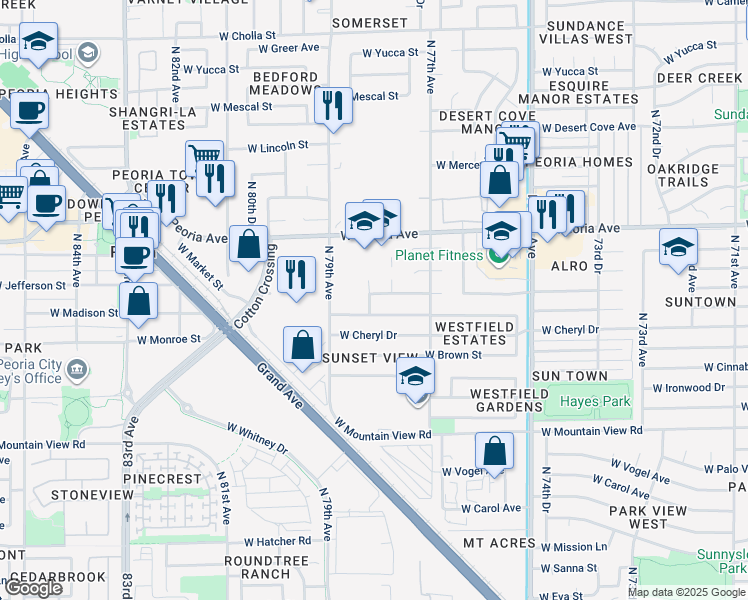 map of restaurants, bars, coffee shops, grocery stores, and more near 7825 W Comet Ave in Peoria