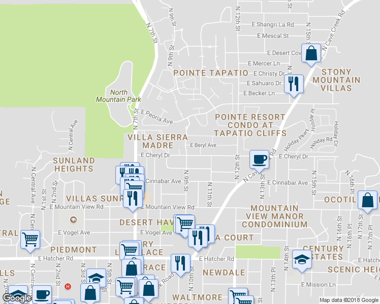 map of restaurants, bars, coffee shops, grocery stores, and more near 906 East Cheryl Drive in Phoenix
