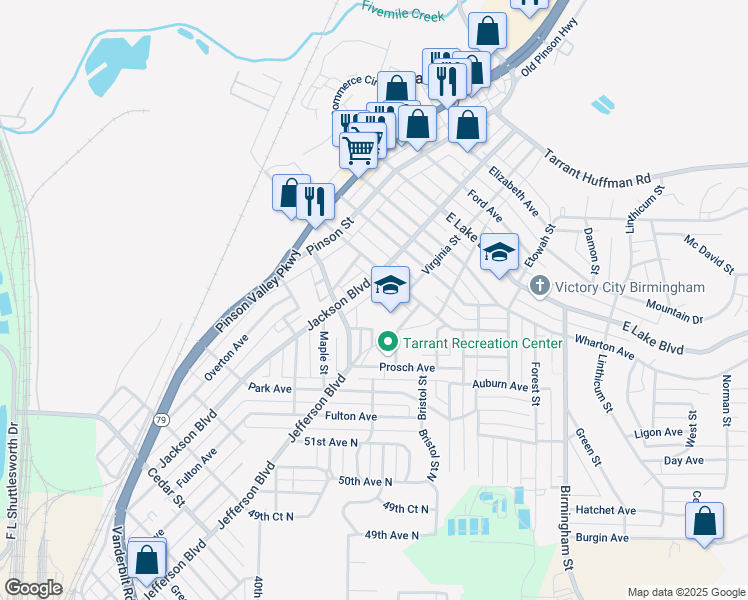 map of restaurants, bars, coffee shops, grocery stores, and more near 1220 Virginia Street in Birmingham