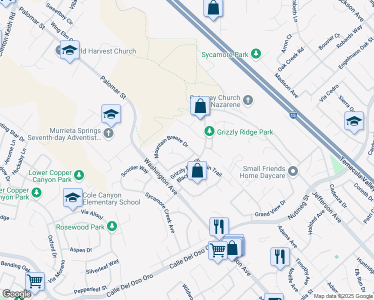 map of restaurants, bars, coffee shops, grocery stores, and more near 23444 Mountain Breeze Drive in Murrieta