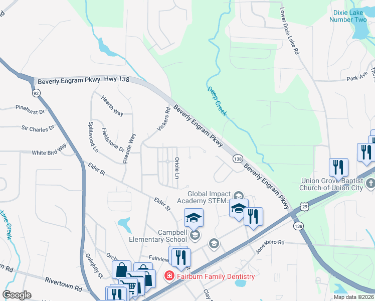 map of restaurants, bars, coffee shops, grocery stores, and more near 4005 Oriole Lane in Fairburn