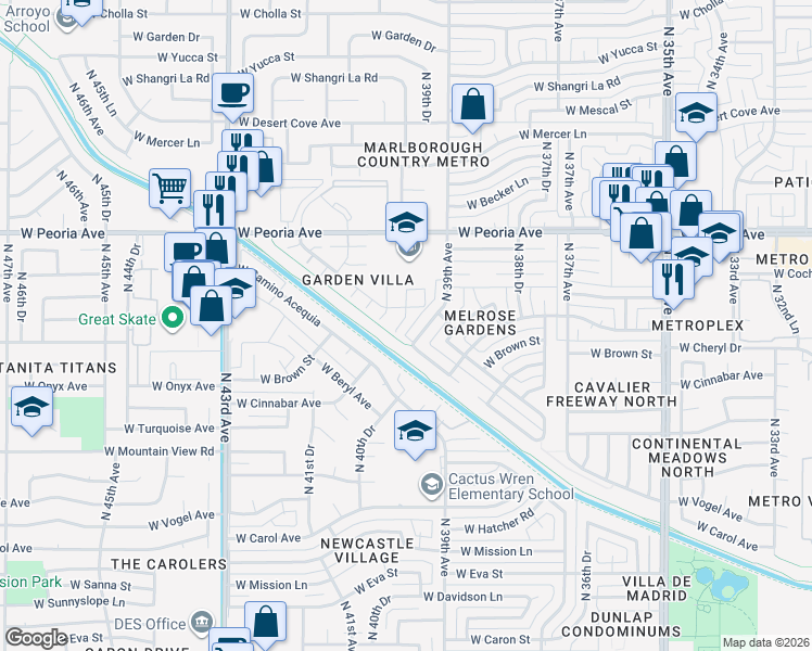 map of restaurants, bars, coffee shops, grocery stores, and more near 10043 North 39th Lane in Phoenix