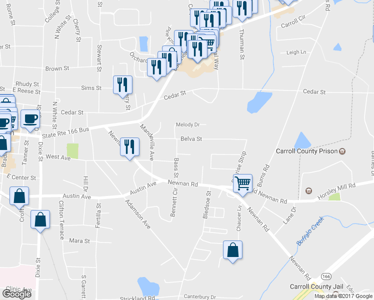 map of restaurants, bars, coffee shops, grocery stores, and more near 116 Jackson Street in Carrollton