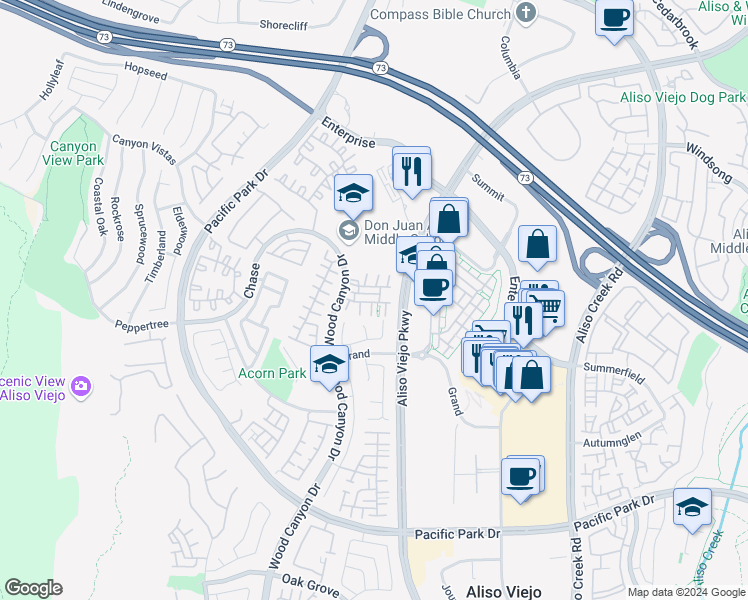 map of restaurants, bars, coffee shops, grocery stores, and more near 35 Tulare Drive in Aliso Viejo