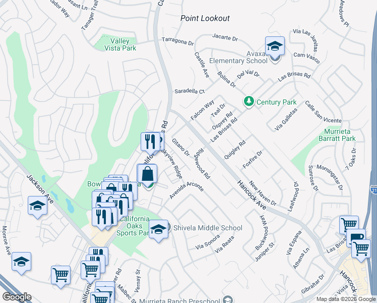 map of restaurants, bars, coffee shops, grocery stores, and more near 40132 Zamura Court in Murrieta