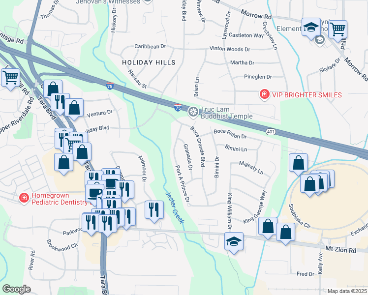 map of restaurants, bars, coffee shops, grocery stores, and more near 6433 Granada Drive in Forest Park