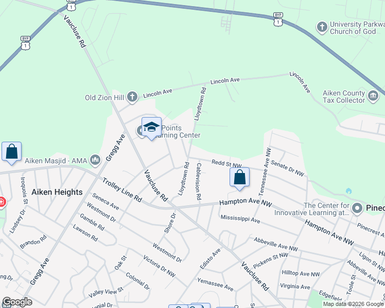 map of restaurants, bars, coffee shops, grocery stores, and more near 1550 Redd Street Northwest in Aiken