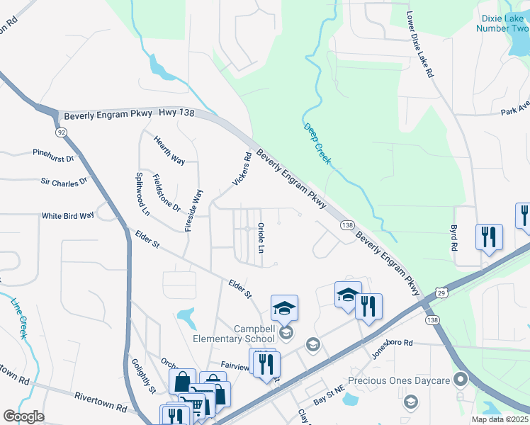 map of restaurants, bars, coffee shops, grocery stores, and more near 4005 Oriole Lane in Fairburn