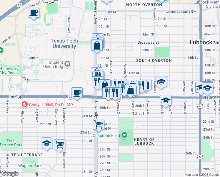 map of restaurants, bars, coffee shops, grocery stores, and more near 2322 18th Street in Lubbock