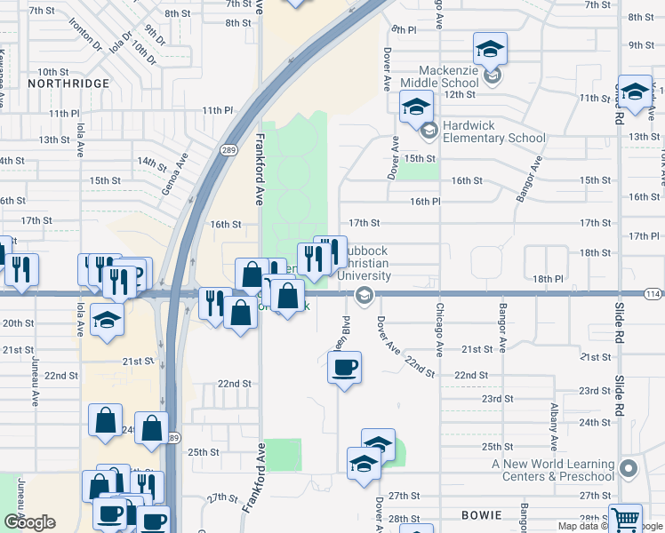 map of restaurants, bars, coffee shops, grocery stores, and more near 1714 Elkhart Avenue in Lubbock