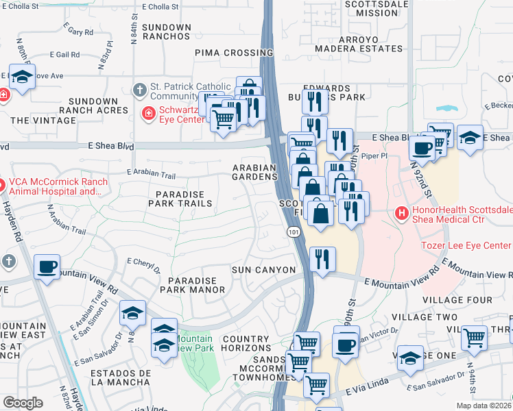 map of restaurants, bars, coffee shops, grocery stores, and more near 8725 East Mustang Trail in Scottsdale