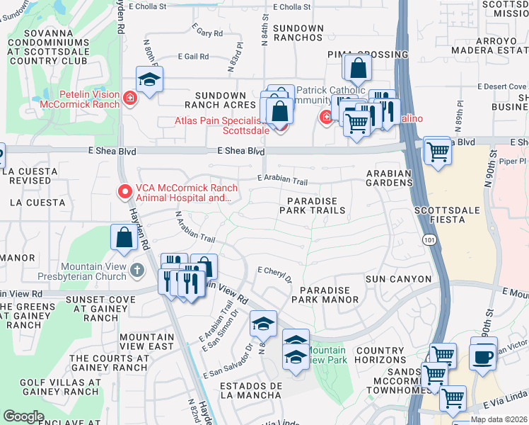map of restaurants, bars, coffee shops, grocery stores, and more near 8402 East Mustang Trail in Scottsdale