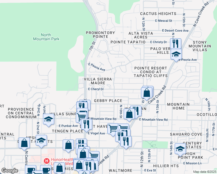 map of restaurants, bars, coffee shops, grocery stores, and more near 10210 North 8th Place in Phoenix