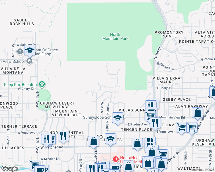 map of restaurants, bars, coffee shops, grocery stores, and more near 10218 North Central Avenue in Phoenix
