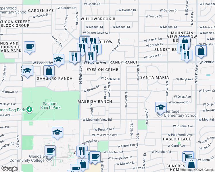 map of restaurants, bars, coffee shops, grocery stores, and more near 10327 North 57th Drive in Glendale