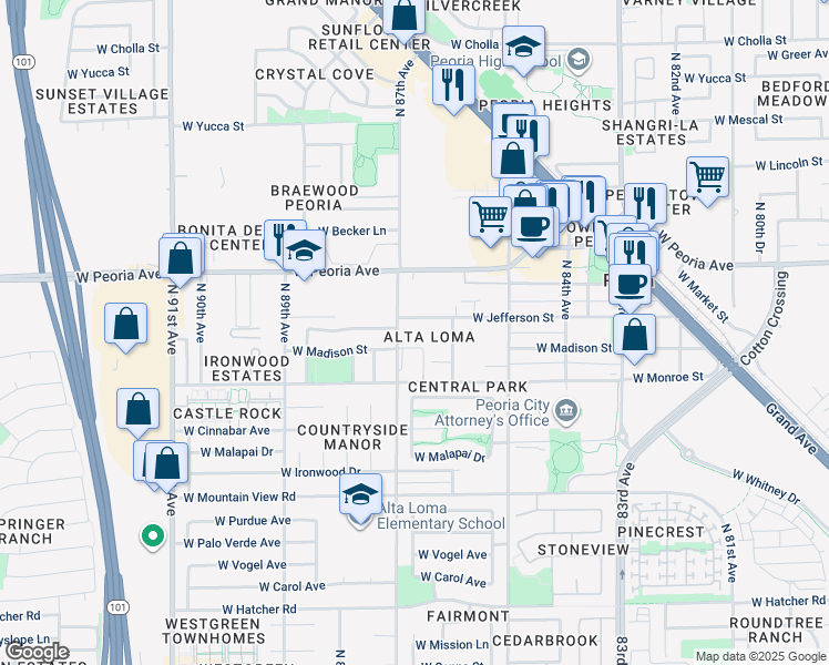 map of restaurants, bars, coffee shops, grocery stores, and more near 8639 West Jefferson Street in Peoria