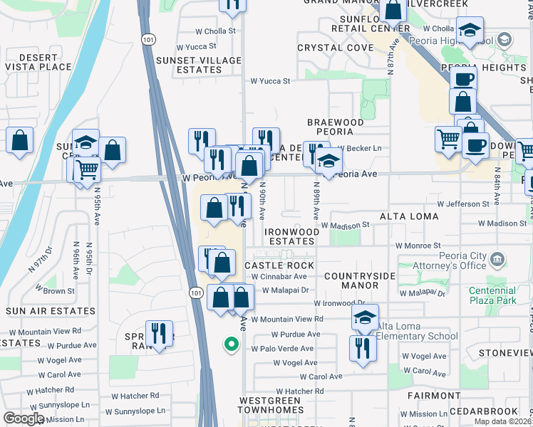 map of restaurants, bars, coffee shops, grocery stores, and more near 10398 North 90th Avenue in Peoria