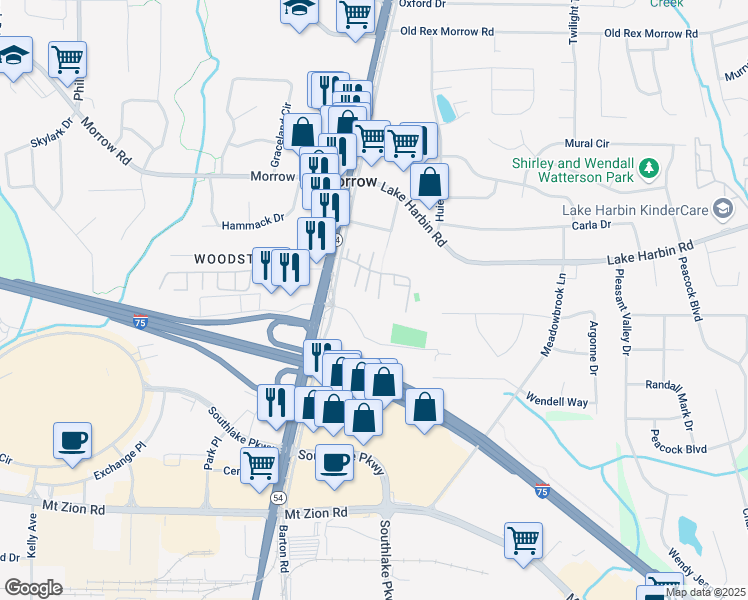 map of restaurants, bars, coffee shops, grocery stores, and more near 6449 Pinebark Way in Morrow