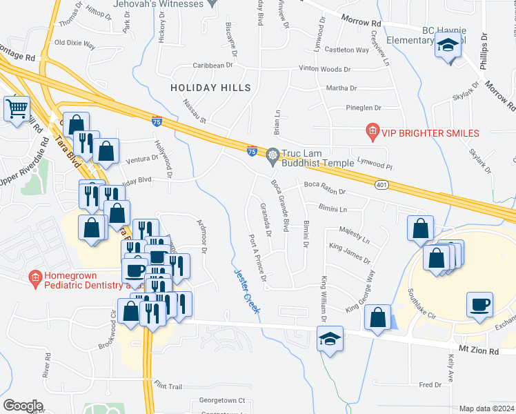 map of restaurants, bars, coffee shops, grocery stores, and more near 6434 Granada Drive in Forest Park