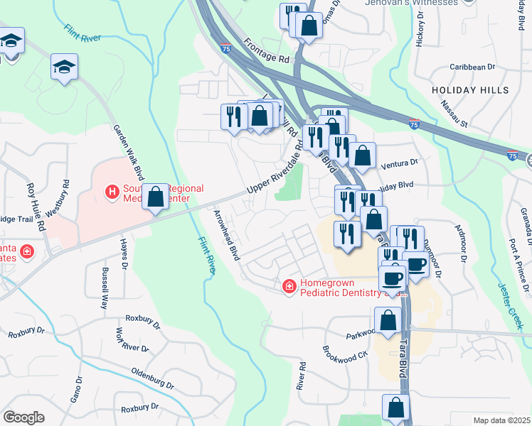 map of restaurants, bars, coffee shops, grocery stores, and more near 276 Upper Riverdale Road in Jonesboro