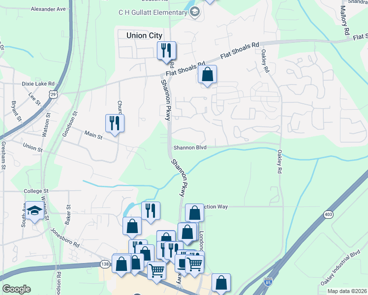 map of restaurants, bars, coffee shops, grocery stores, and more near Shannon Blvd in Union City