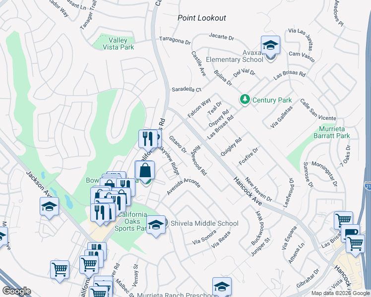 map of restaurants, bars, coffee shops, grocery stores, and more near 40132 Zamura Court in Murrieta