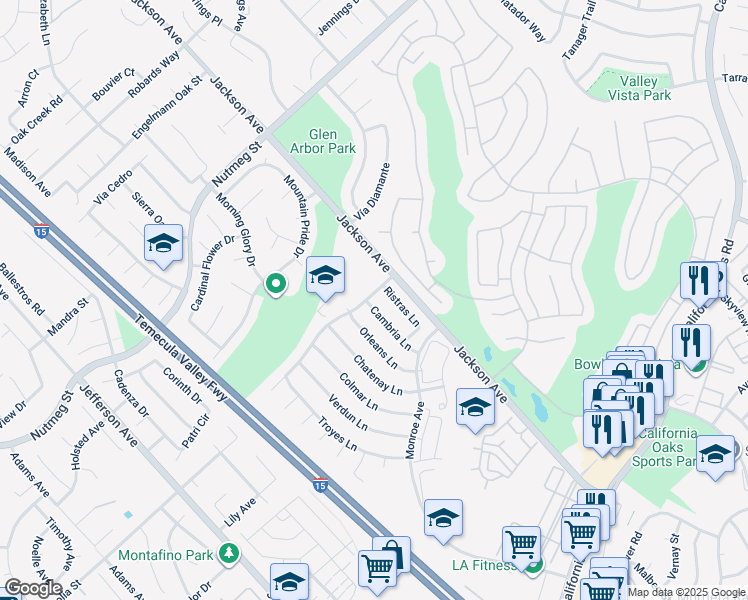map of restaurants, bars, coffee shops, grocery stores, and more near 23994 Cambria Lane in Murrieta