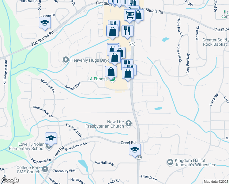 map of restaurants, bars, coffee shops, grocery stores, and more near 2500 Woodward Road in Atlanta