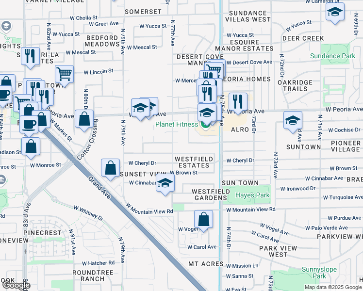 map of restaurants, bars, coffee shops, grocery stores, and more near 7631 West Comet Avenue in Peoria