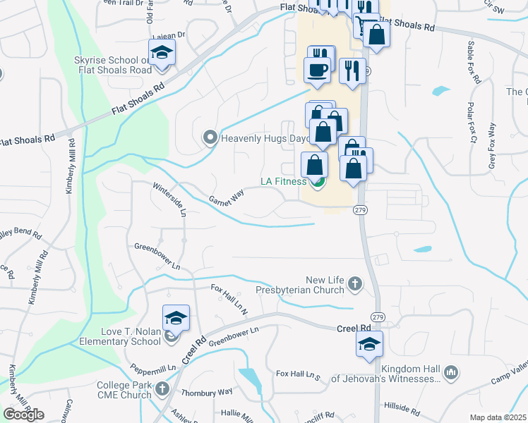 map of restaurants, bars, coffee shops, grocery stores, and more near 2715 Woodward Road in College Park