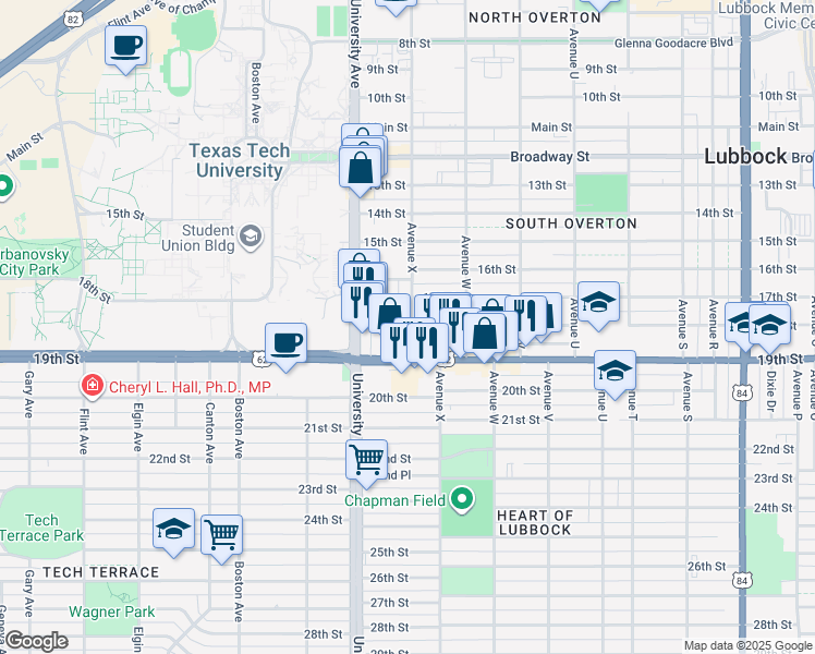 map of restaurants, bars, coffee shops, grocery stores, and more near 2322 18th Street in Lubbock