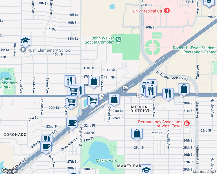 map of restaurants, bars, coffee shops, grocery stores, and more near 4113 18th Street in Lubbock