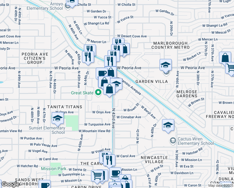 map of restaurants, bars, coffee shops, grocery stores, and more near 10215 North 43rd Avenue in Phoenix