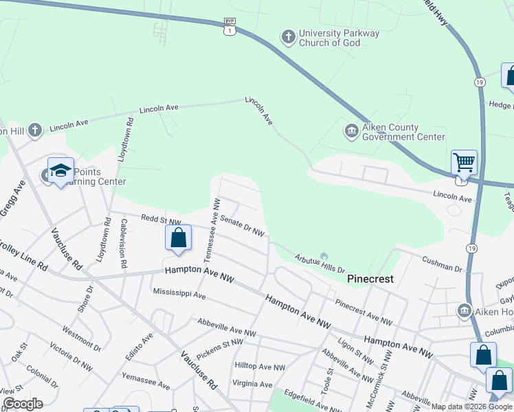 map of restaurants, bars, coffee shops, grocery stores, and more near 1328 Cabinet Drive in Aiken