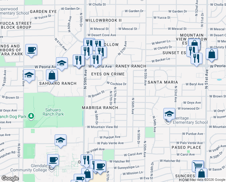 map of restaurants, bars, coffee shops, grocery stores, and more near 10327 North 57th Drive in Glendale