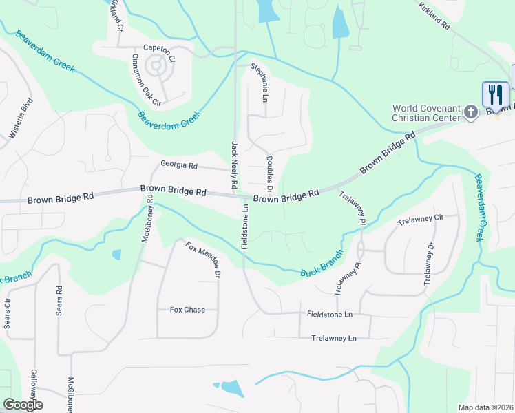 map of restaurants, bars, coffee shops, grocery stores, and more near 11903 Brown Bridge Road in Covington