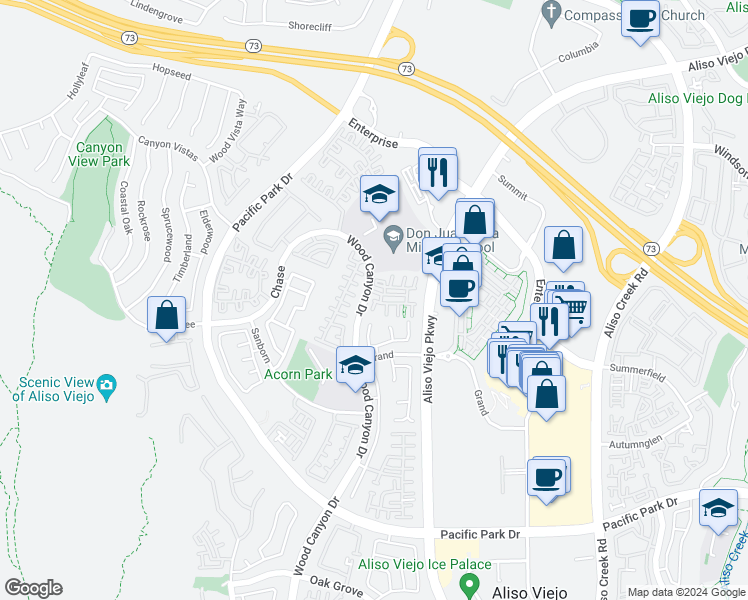map of restaurants, bars, coffee shops, grocery stores, and more near 25 Tulare Drive in Aliso Viejo