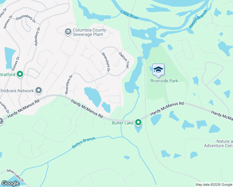 map of restaurants, bars, coffee shops, grocery stores, and more near 4443 McManus Court in Evans