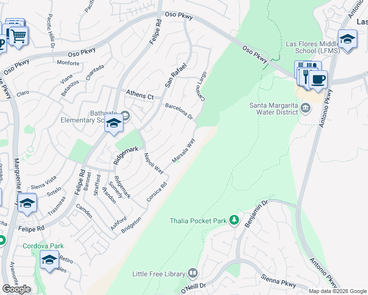 map of restaurants, bars, coffee shops, grocery stores, and more near 26431 Marsala Way in Mission Viejo