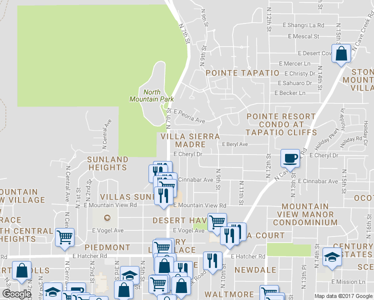 map of restaurants, bars, coffee shops, grocery stores, and more near 10203 North 7th Place in Phoenix