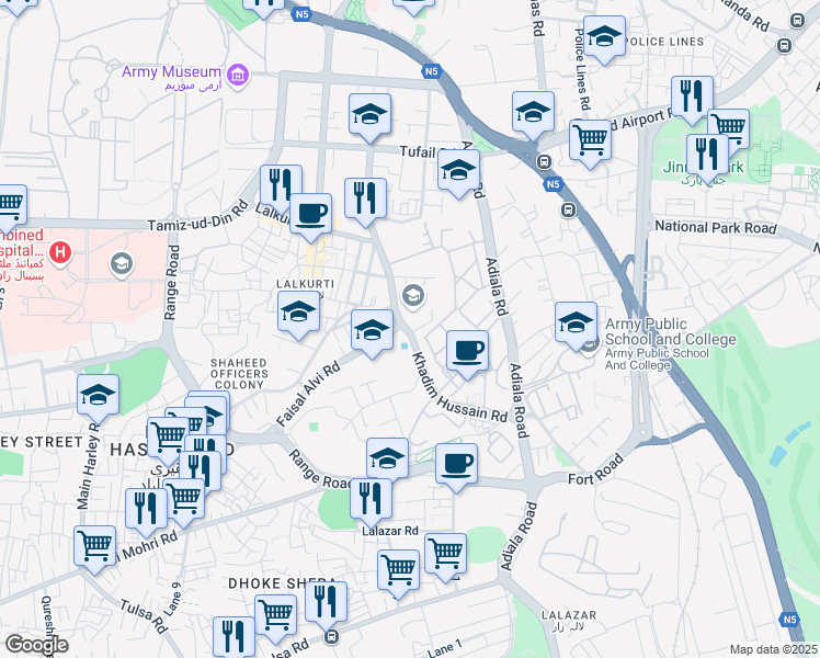 map of restaurants, bars, coffee shops, grocery stores, and more near Khadim Hussain Road in Rawalpindi