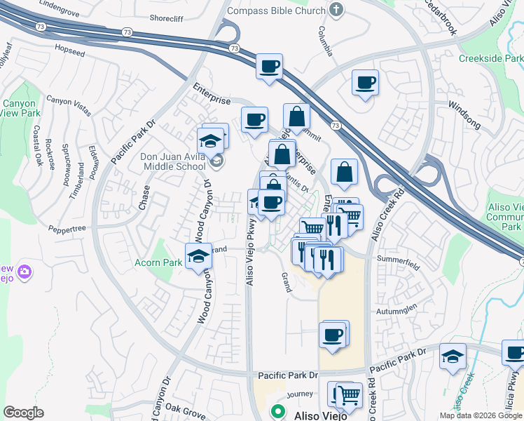 map of restaurants, bars, coffee shops, grocery stores, and more near 120 Vantis Drive in Aliso Viejo