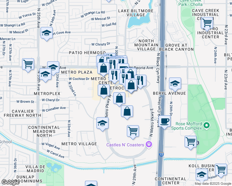 map of restaurants, bars, coffee shops, grocery stores, and more near 10217 North Metro Parkway West in Phoenix