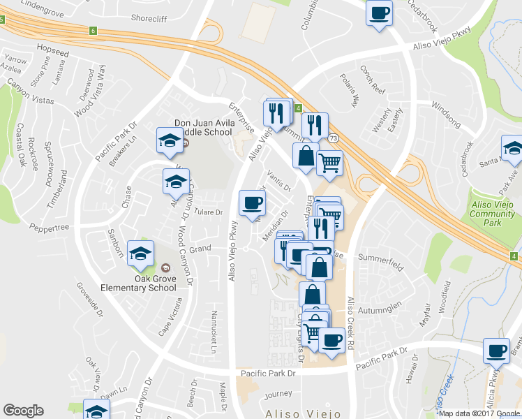 map of restaurants, bars, coffee shops, grocery stores, and more near 42 Midtown Drive in Aliso Viejo