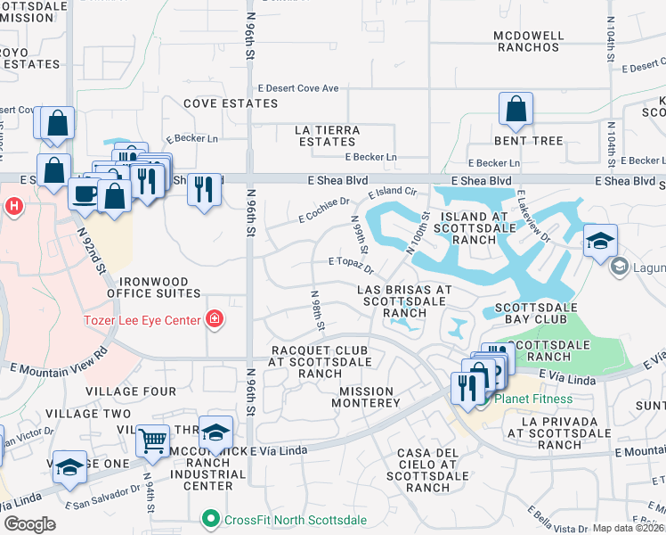 map of restaurants, bars, coffee shops, grocery stores, and more near 9839 E Topaz Dr in Scottsdale