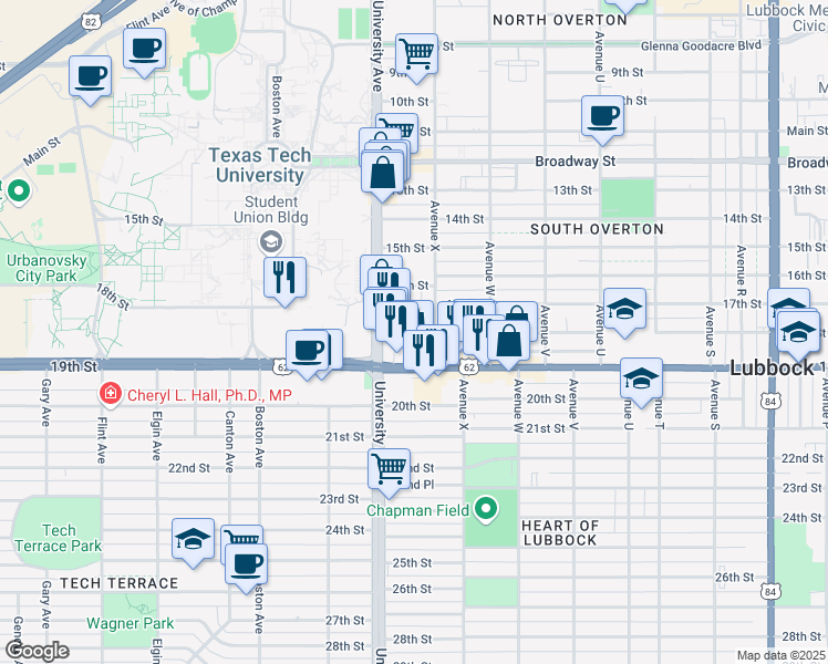 map of restaurants, bars, coffee shops, grocery stores, and more near 1621 Avenue Y in Lubbock