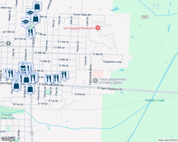 map of restaurants, bars, coffee shops, grocery stores, and more near 511 Lipscomb Street in Bonham